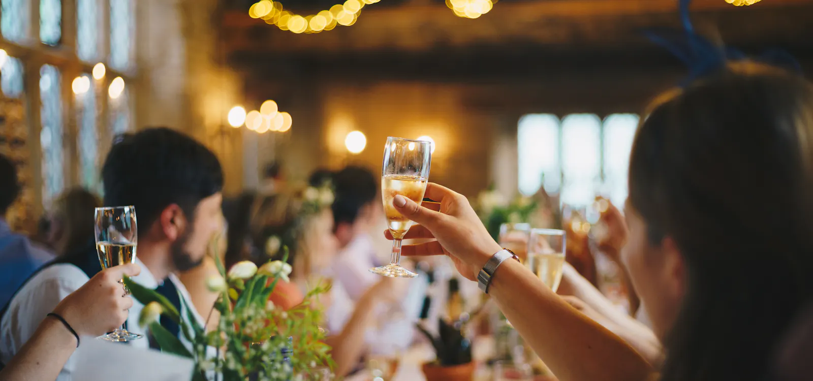 Guests raising their glasses in a toast at a fundraising dinner under string lights